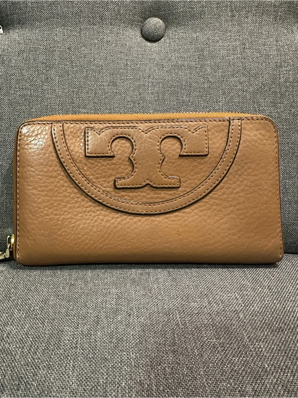 Tory Burch Brown Pebbled Leather Zip Wallet with Logo